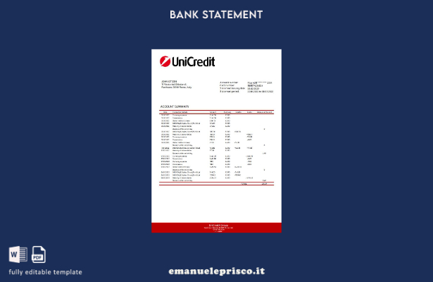 modello word di estratto conto bancario Unicredit in stile verificato Italia
